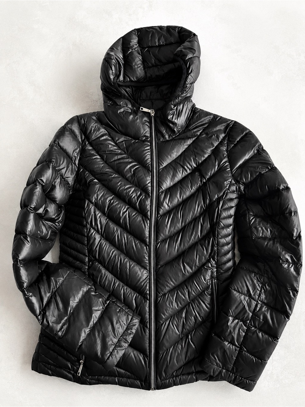 Calvin Klein Black Hooded Chevron Quilted Puffer Jacket